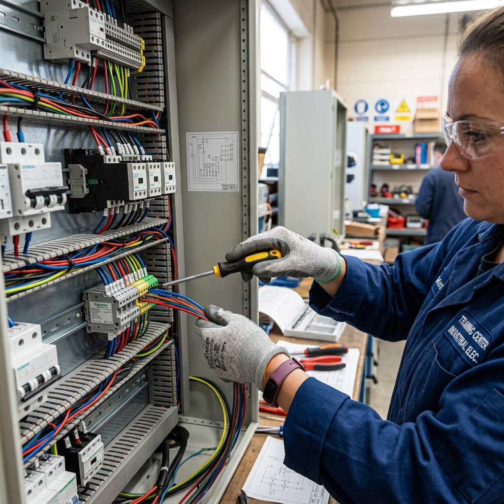 Professionnel câblant une armoire électrique