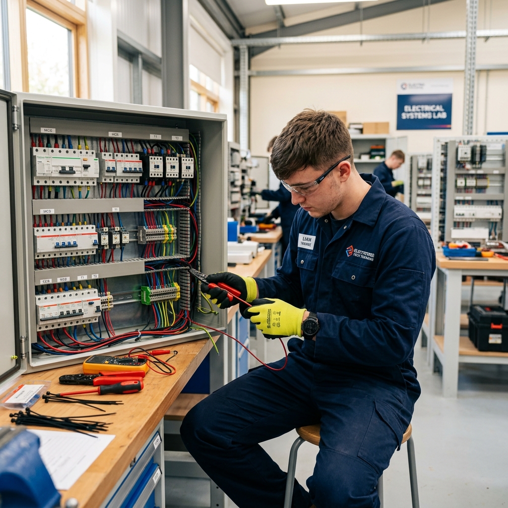 Stagiaire en formation habilitation électrique, en situation pratique sur plateau technique