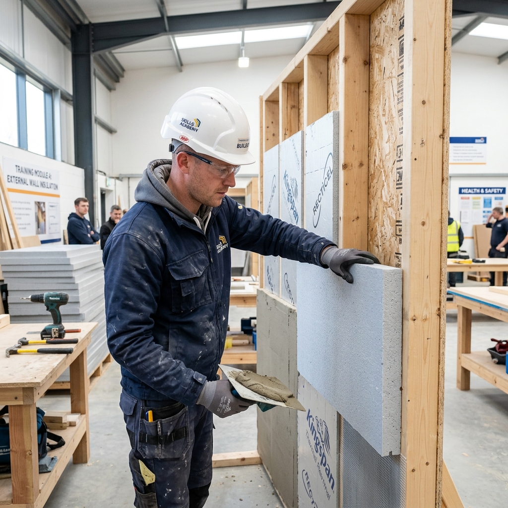 Formateur expliquant la pose d'isolation thermique par l'extérieur sur un mur d'entraînement
